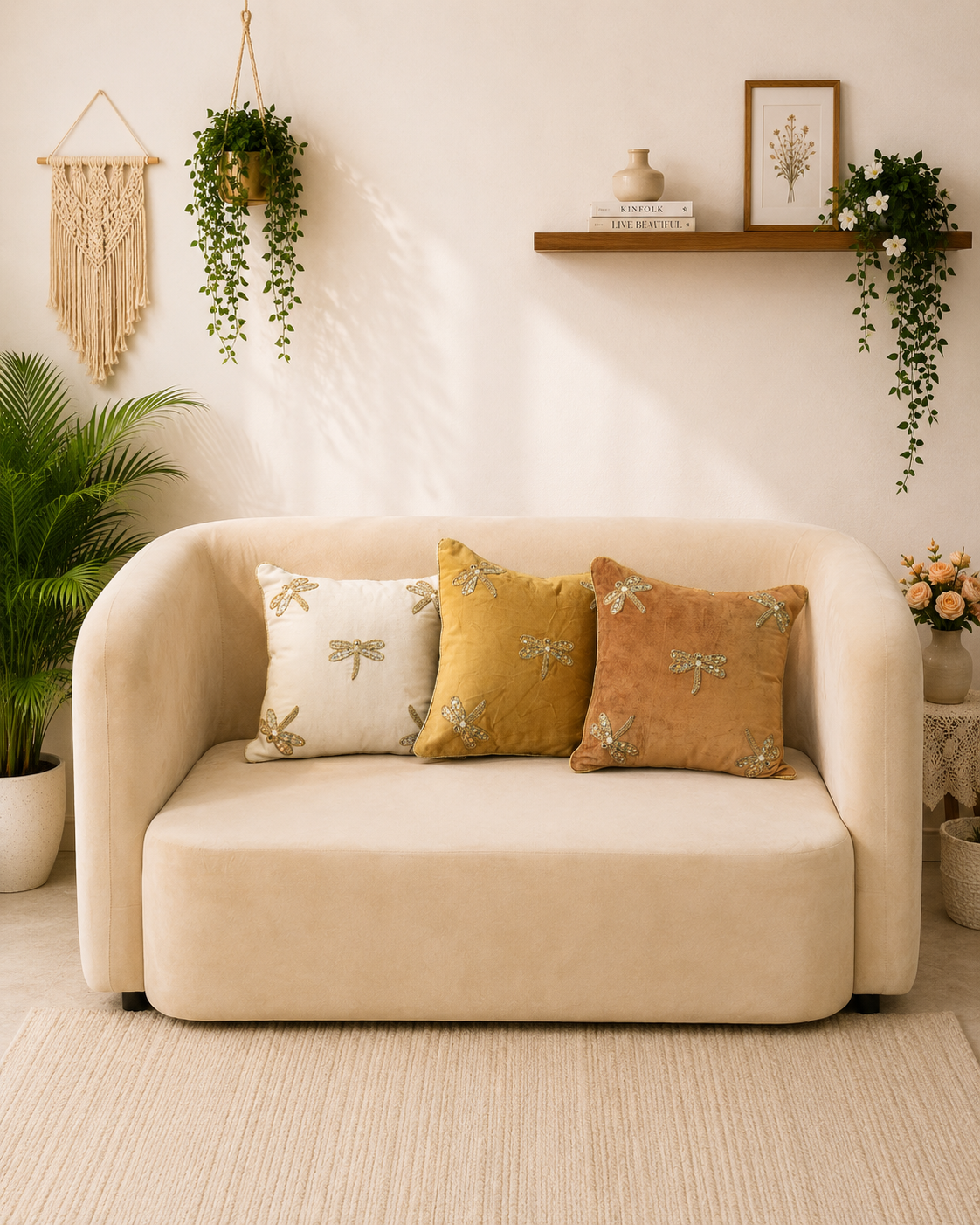 Ivory, mustard gold and caramel cushion covers with embellished dragonfly motifs displayed on a cream sofa