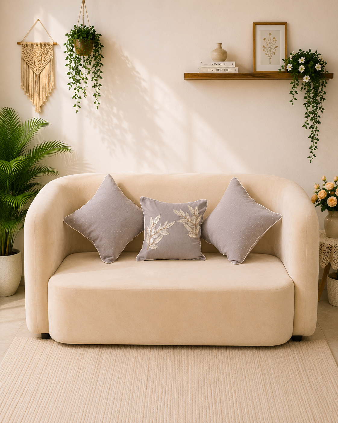 Taupe grey cushion cover set with ivory leaf embroidery and subtle dotted detailing displayed on a cream sofa