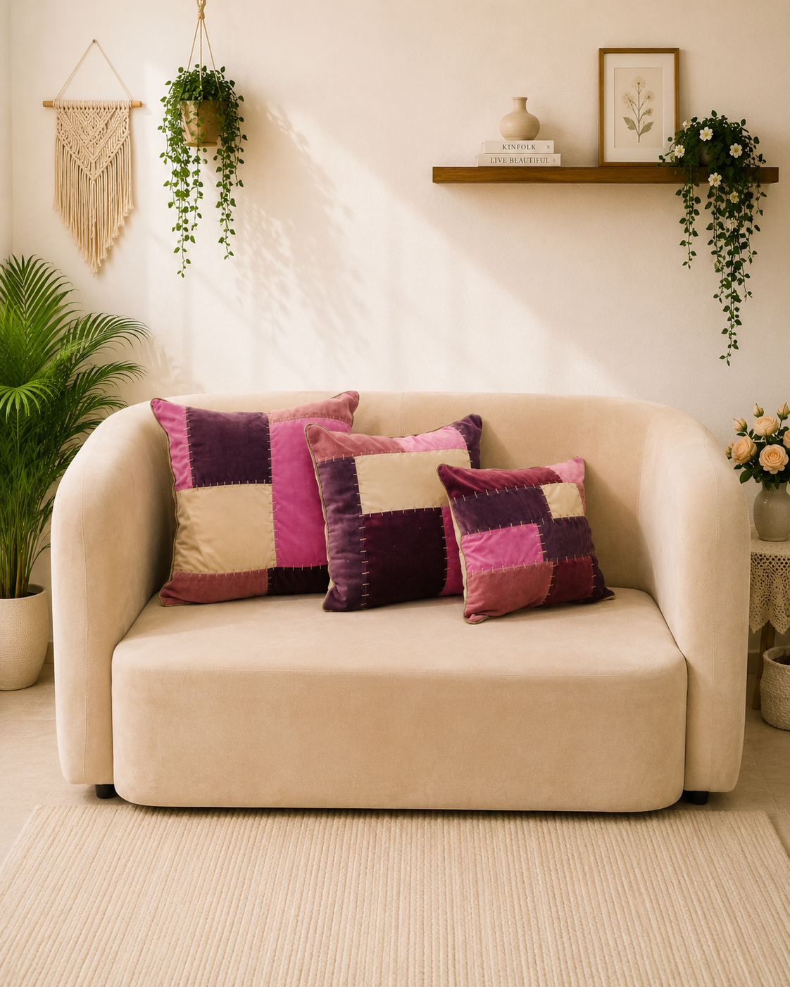 Pink, plum and beige patchwork cushion covers displayed on a cream sofa
