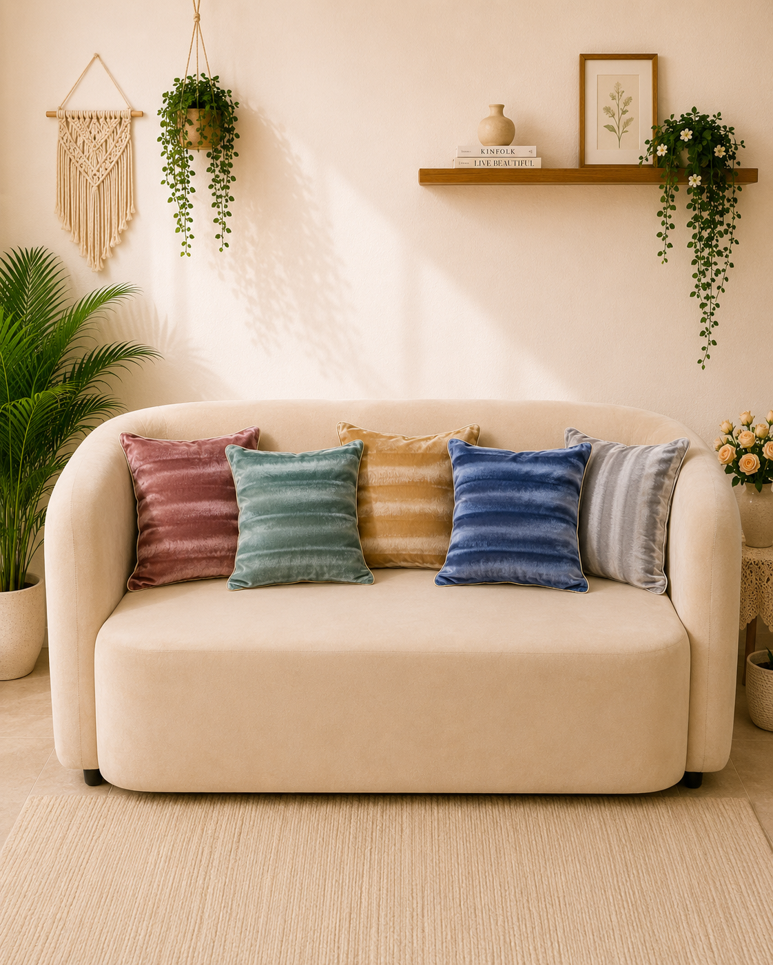 Multicolour velvet cushion covers in rose, sage, mustard, blue and silver grey on a cream sofa