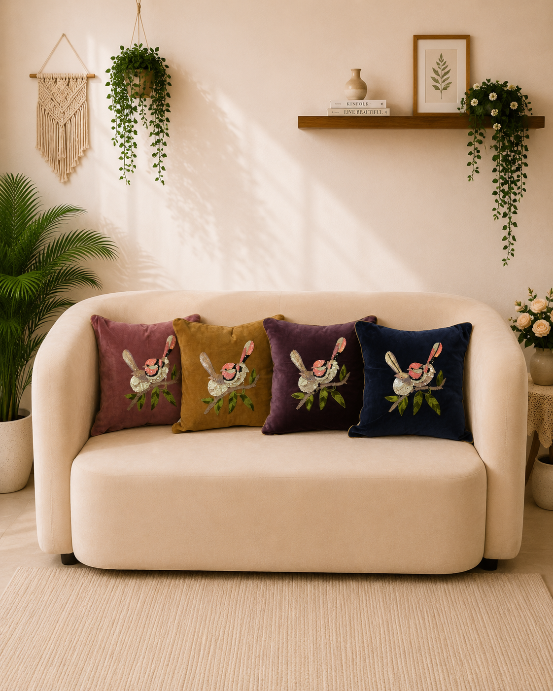 Rose, mustard, plum and navy cushion covers with embroidered bird designs on a cream sofa