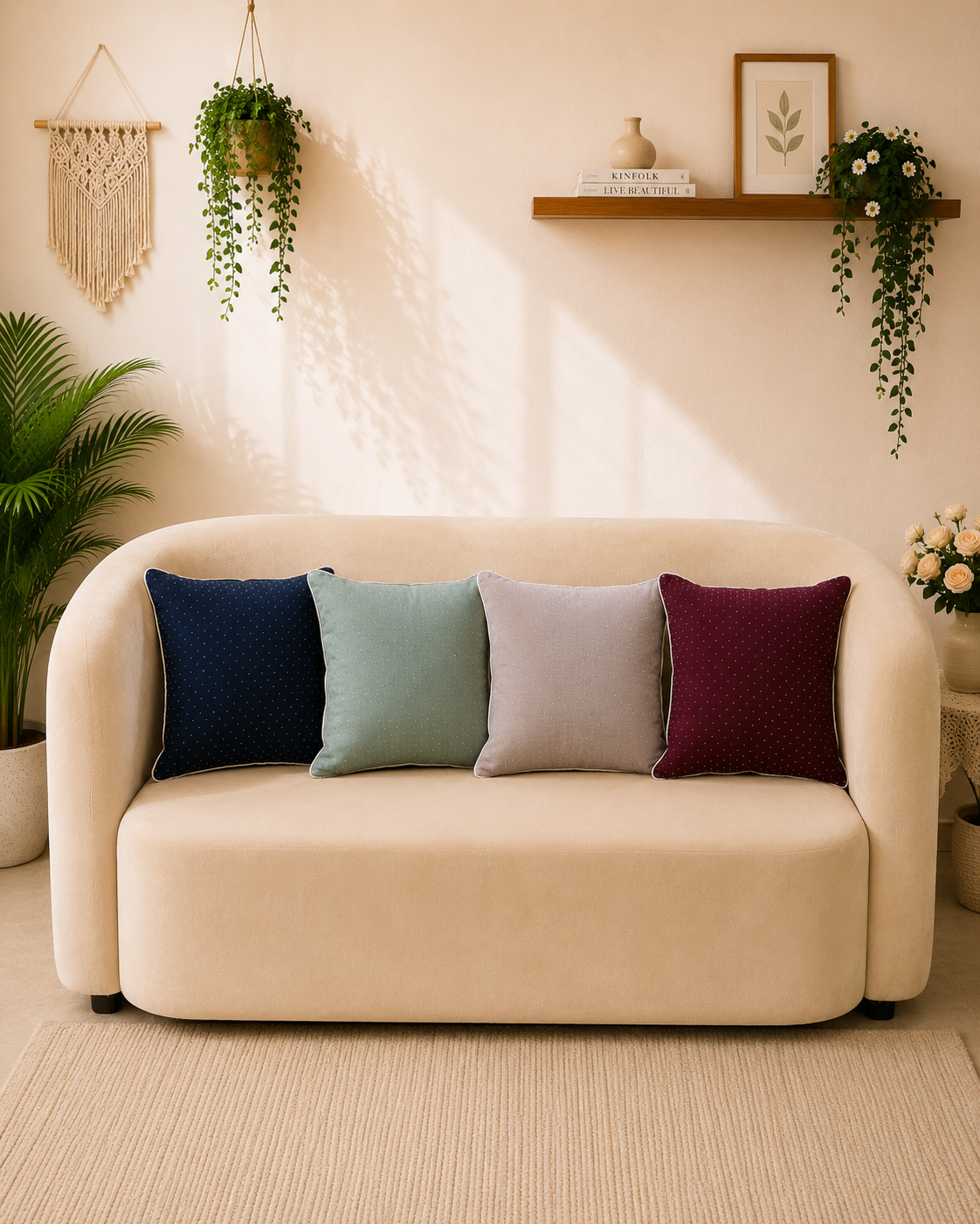 Navy blue, sage green, light grey and burgundy dotted cushion covers on a cream sofa