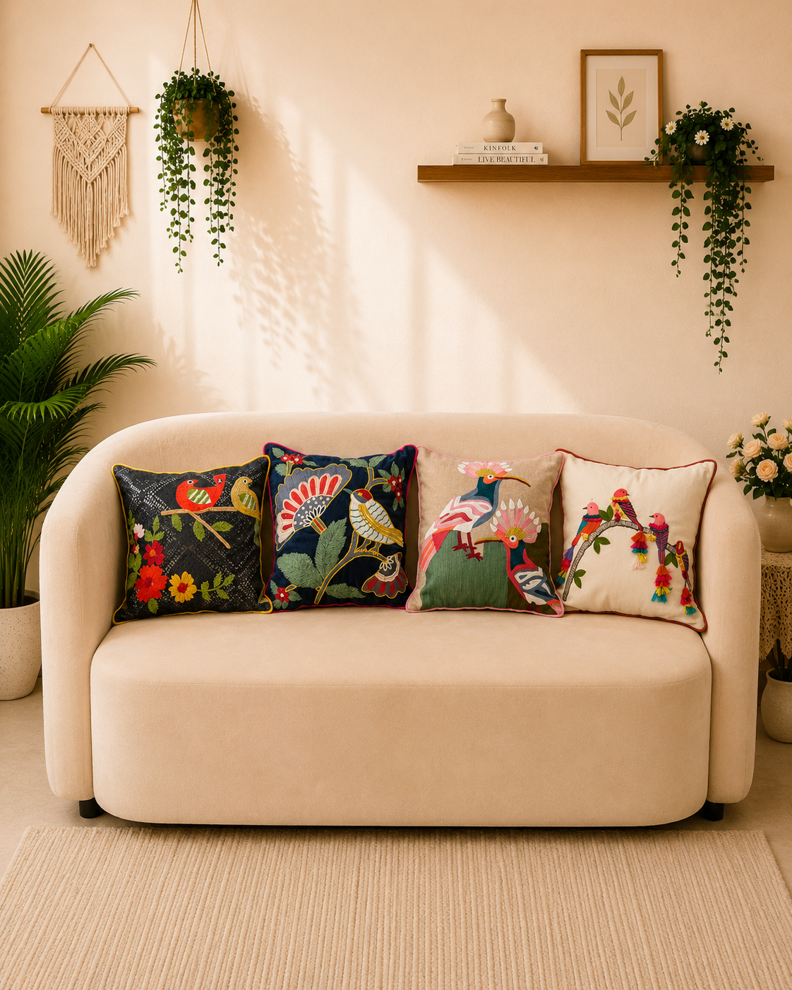 Colourful bird and floral cushion covers displayed on a cream sofa