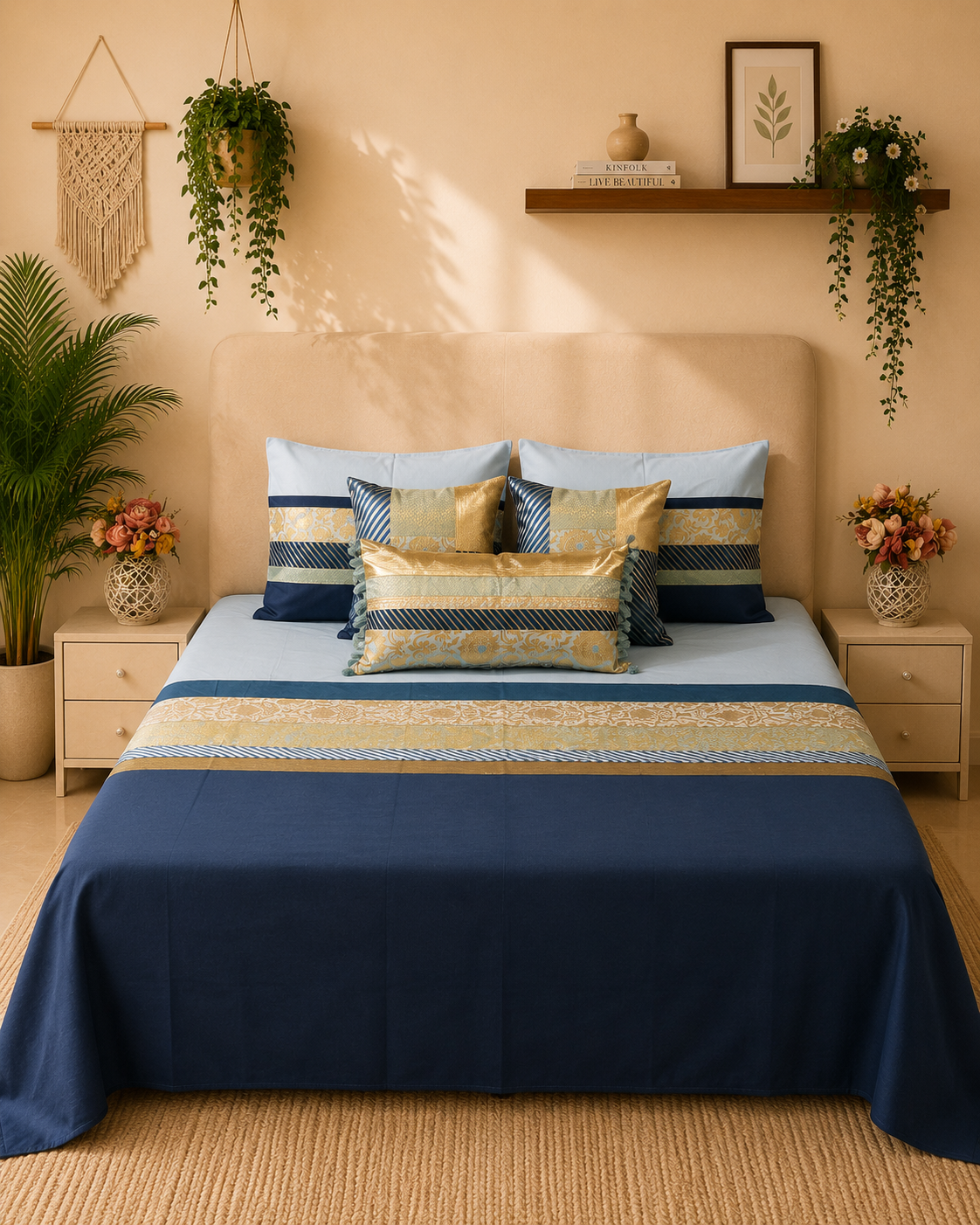 Navy blue and powder-blue bedsheet set with gold decorative borders and coordinated pillow covers by Rituxe Living
