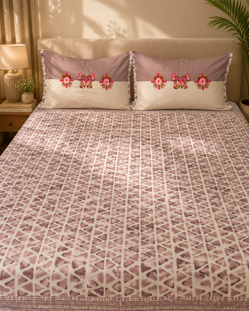 Dusty mauve geometric bedsheet set with floral embroidered pillow covers by Rituxe Living