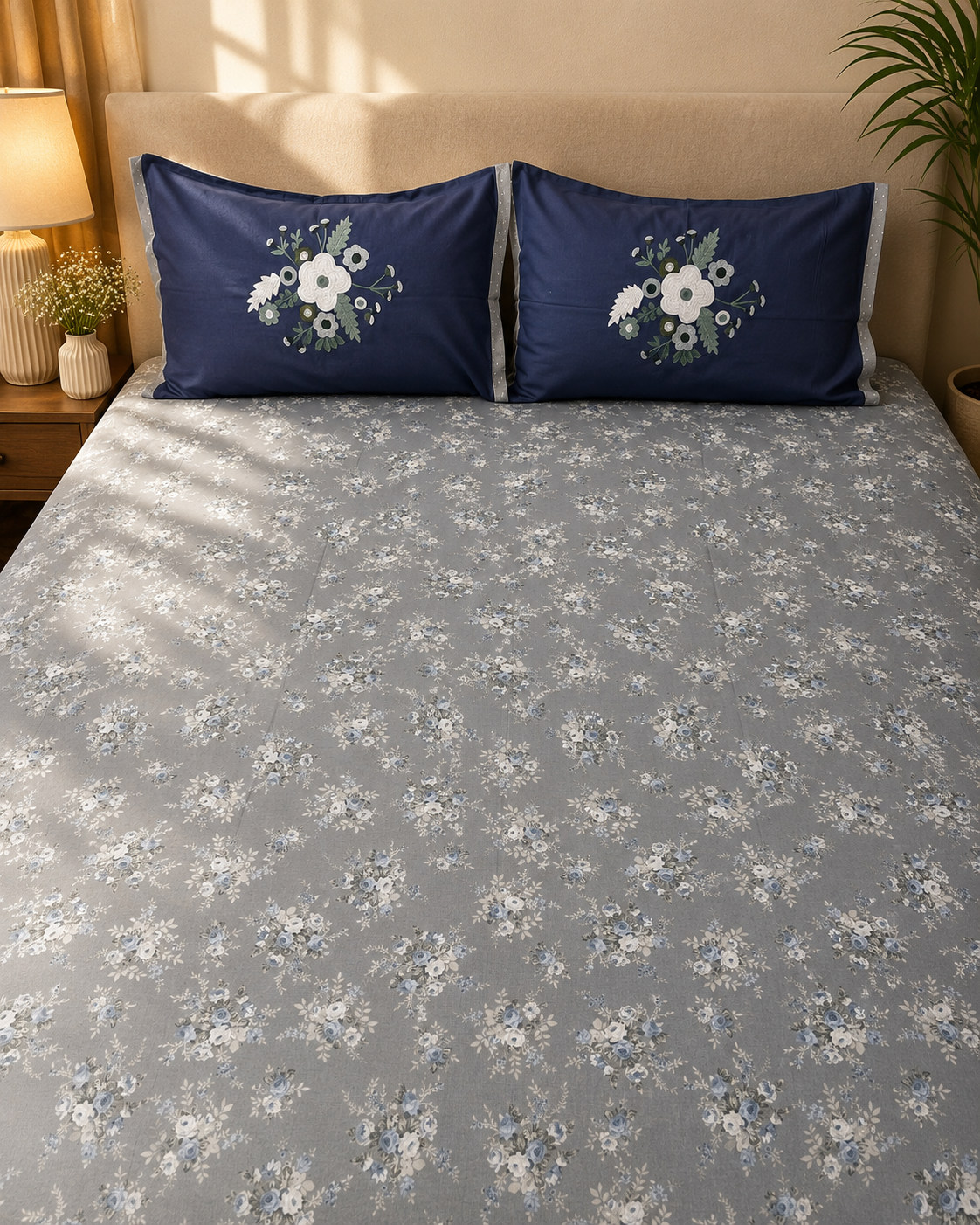 Blue-grey floral bedsheet set with navy embroidered pillow covers by Rituxe Living