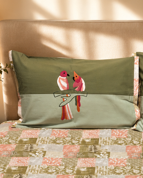 Olive Harmony Bird Embroidered Bedsheet Set