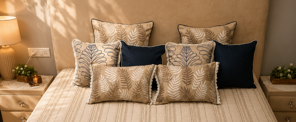 Ivory Leaf and Navy Bed Ensemble