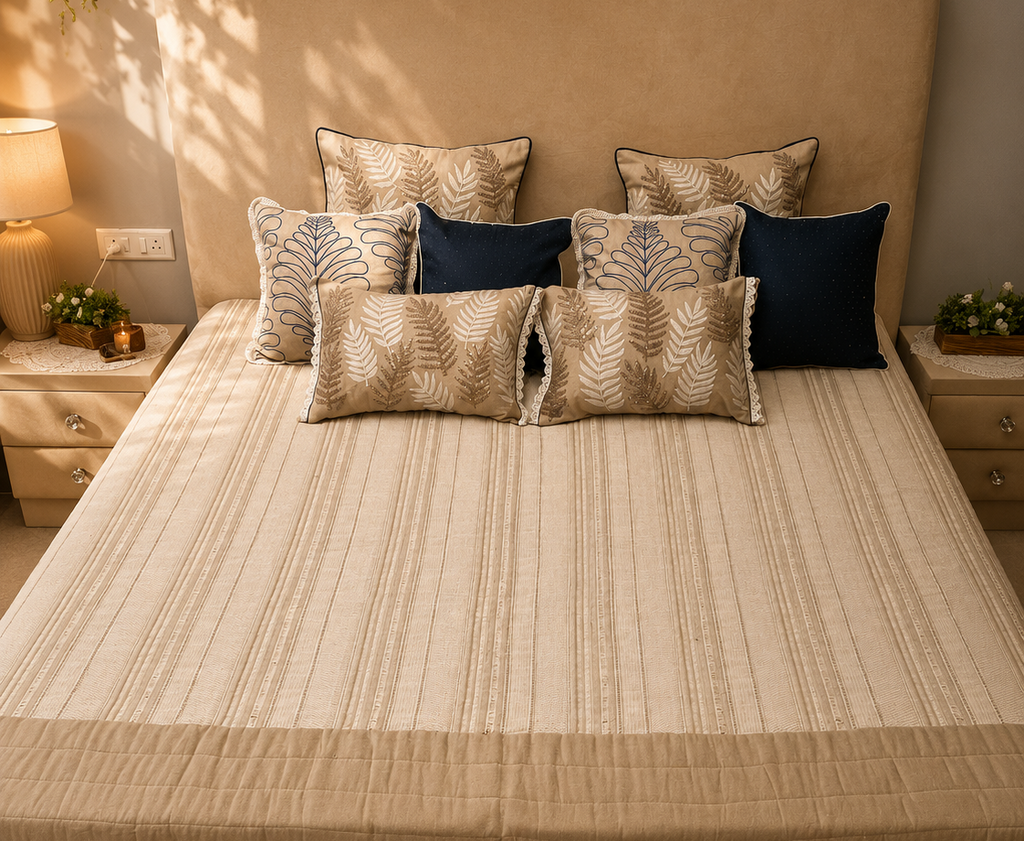 Ivory Leaf and Navy Bed Ensemble