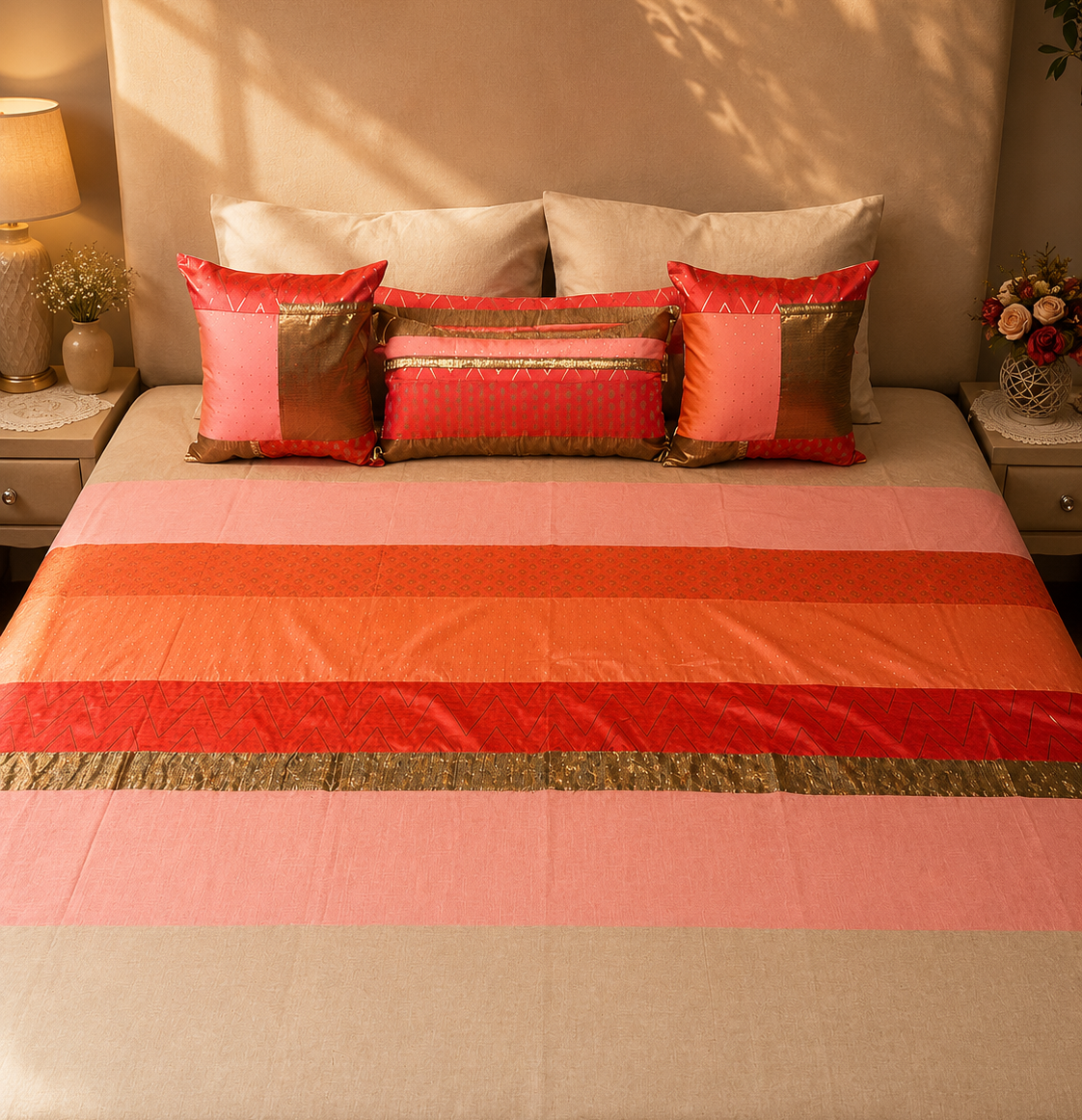 Coral Pink and Gold Bed Ensemble