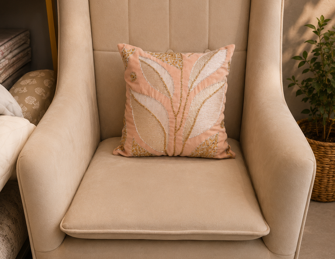 Peach Leaf Embroidered Cushion Cover