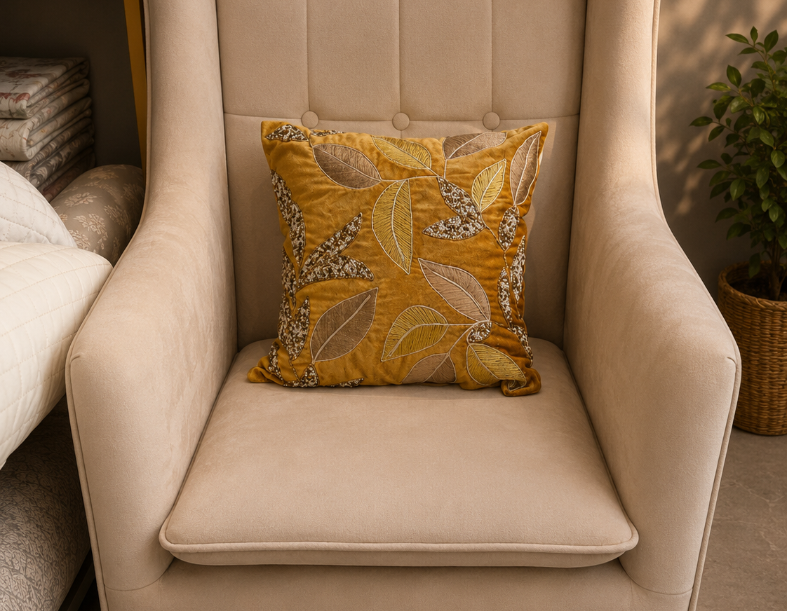 Mustard Leaf Embroidered Cushion Cover