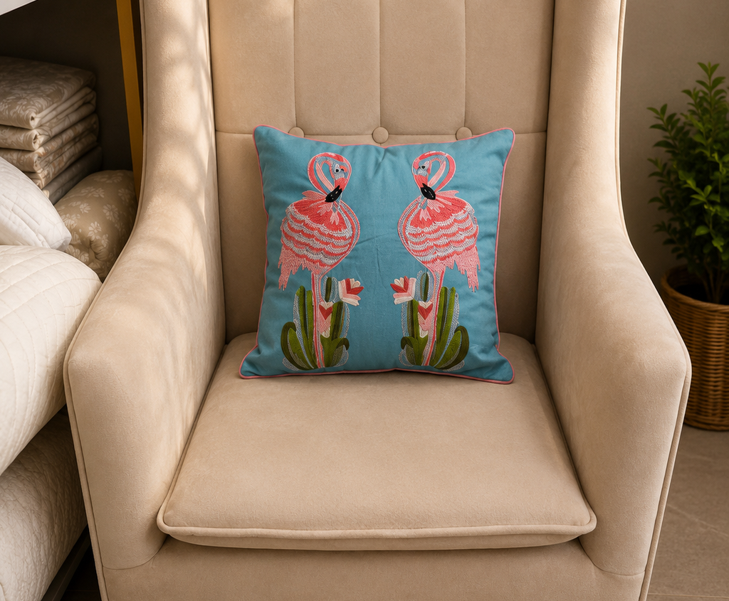 Flamingo Embroidered Cushion Cover