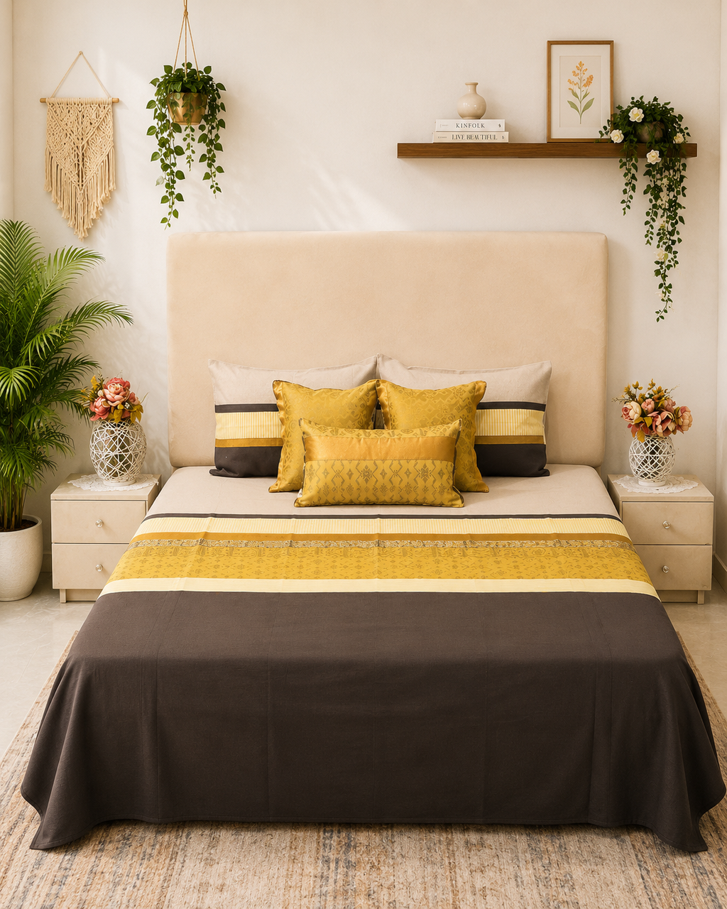 Charcoal grey bedsheet set with mustard gold borders and coordinated decorative pillow covers by Rituxe Living