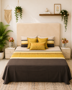 Charcoal grey bedsheet set with mustard gold borders and coordinated decorative pillow covers by Rituxe Living