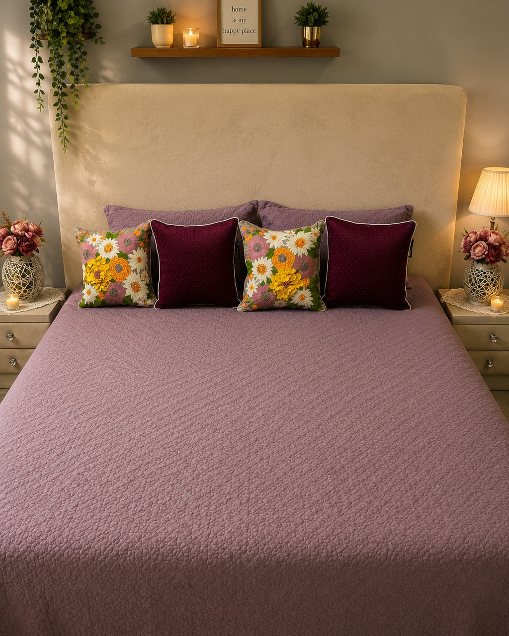 Dusty mauve quilted bedsheet set styled with floral and burgundy decorative cushions