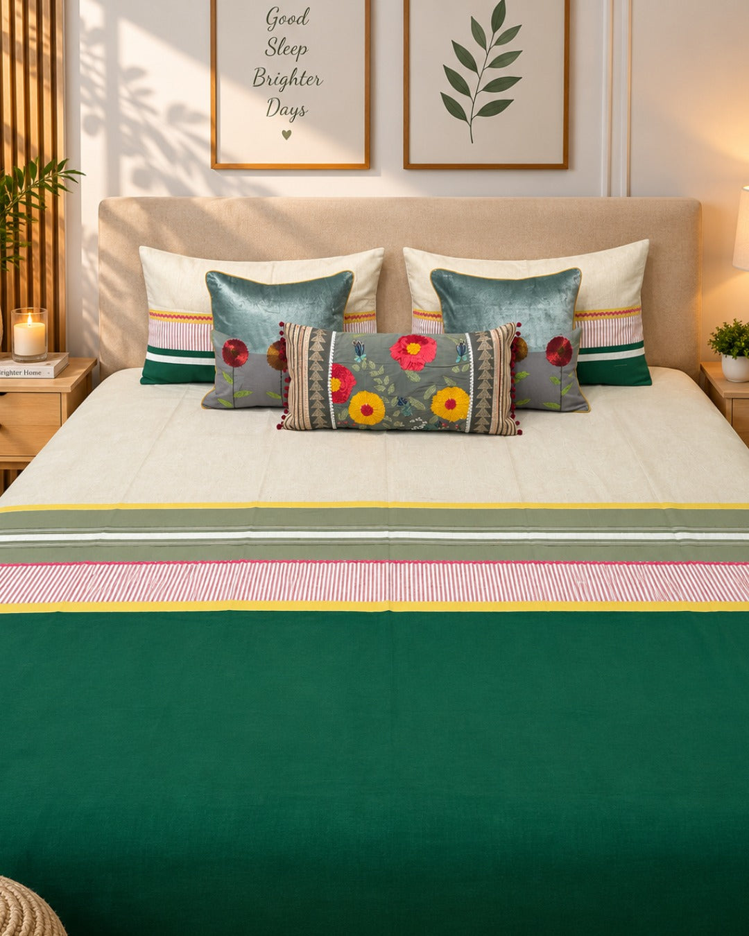 Ivory Leaf and Navy Bed Ensemble