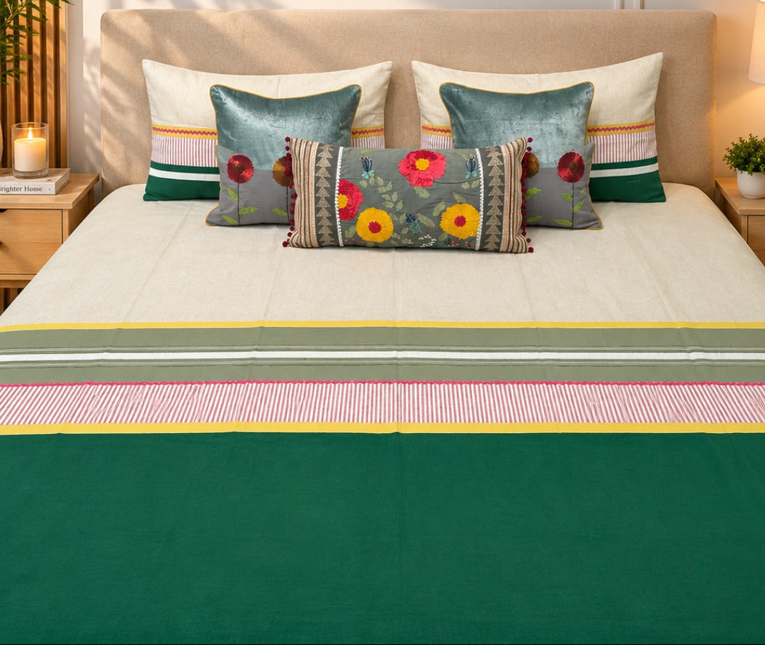 Ivory Leaf and Navy Bed Ensemble