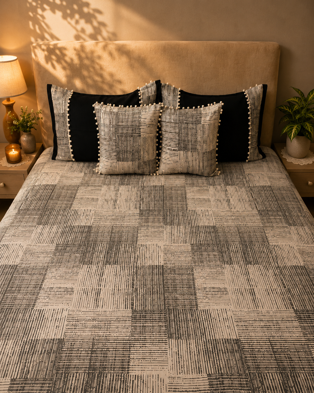 Black and beige geometric bed ensemble with matching pom-pom cushion covers