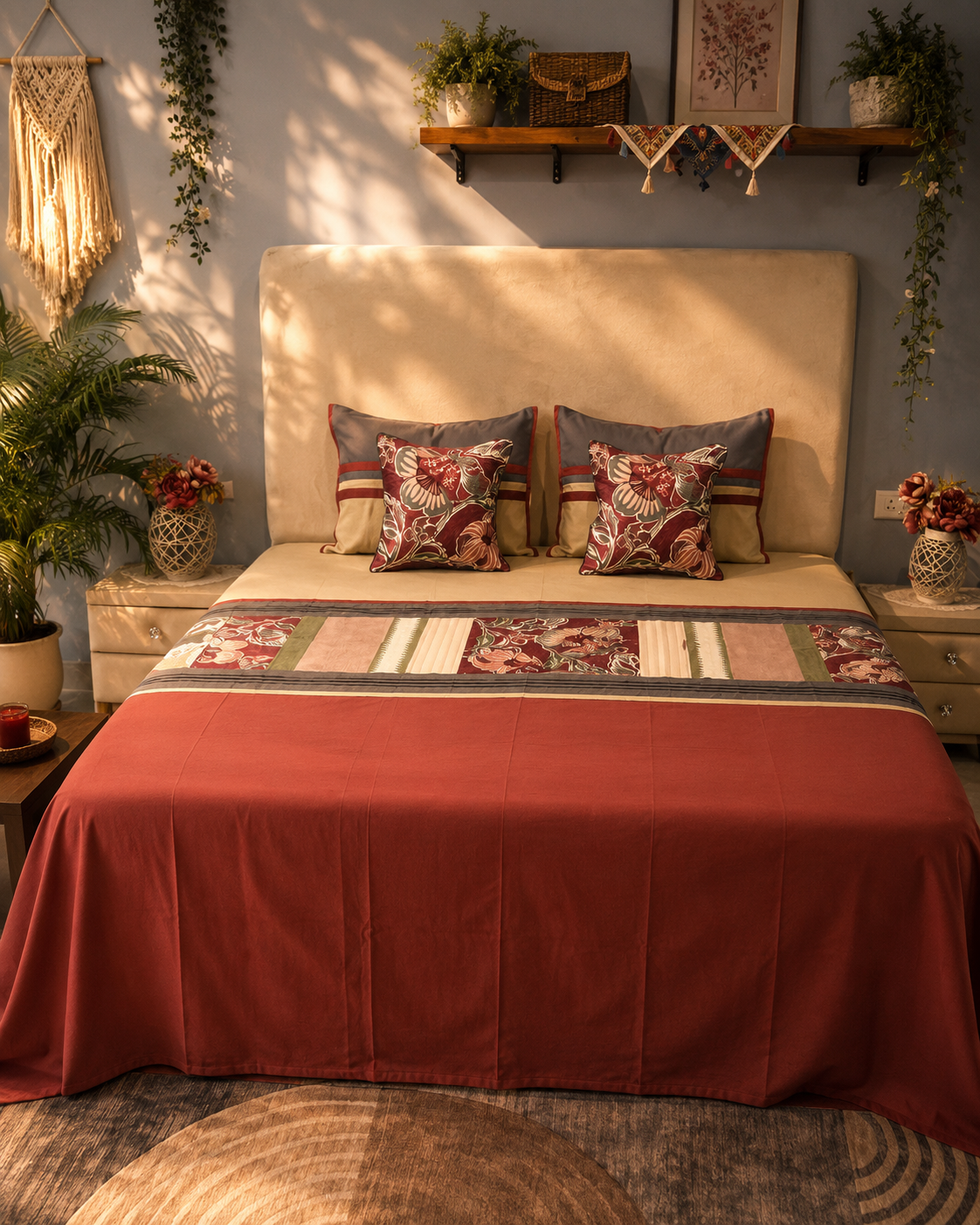 Rust and beige bed ensemble with floral centre panels and matching decorative cushion covers