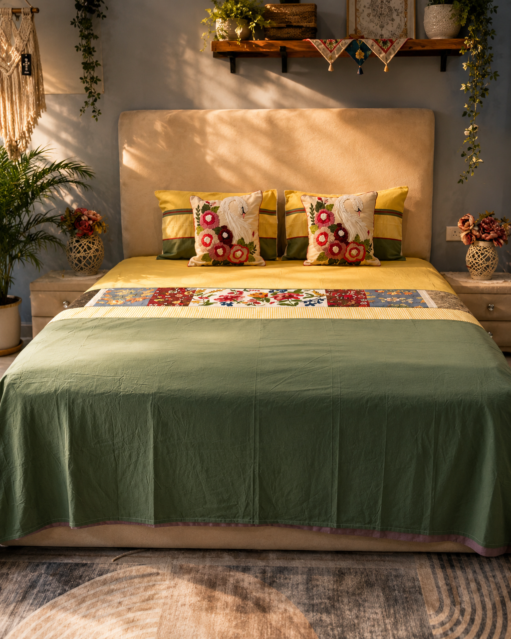 Olive green and mustard bed ensemble with floral centre panel and swan cushion covers