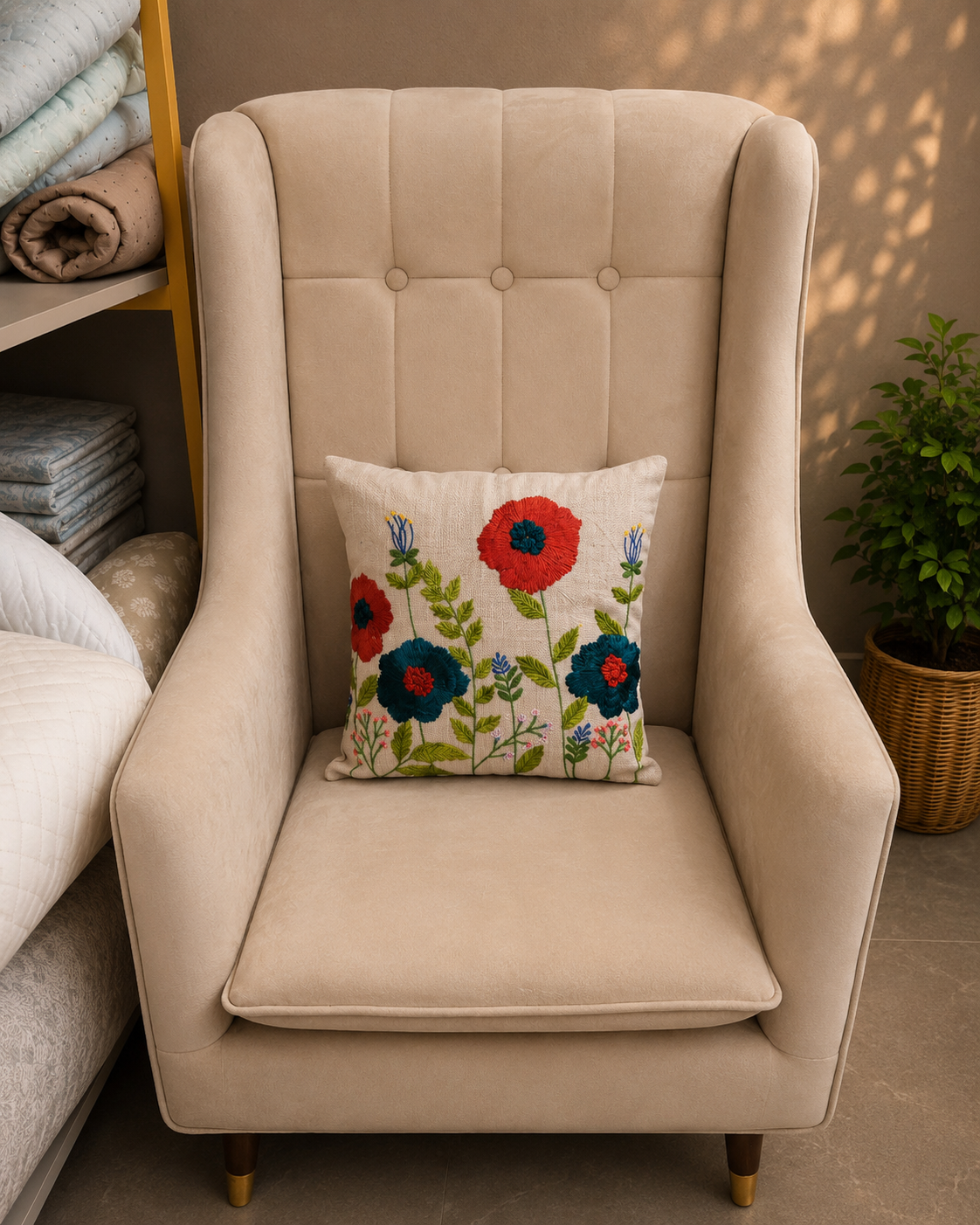 Cream cushion cover with red and blue floral embroidery and green leaves on a beige chair