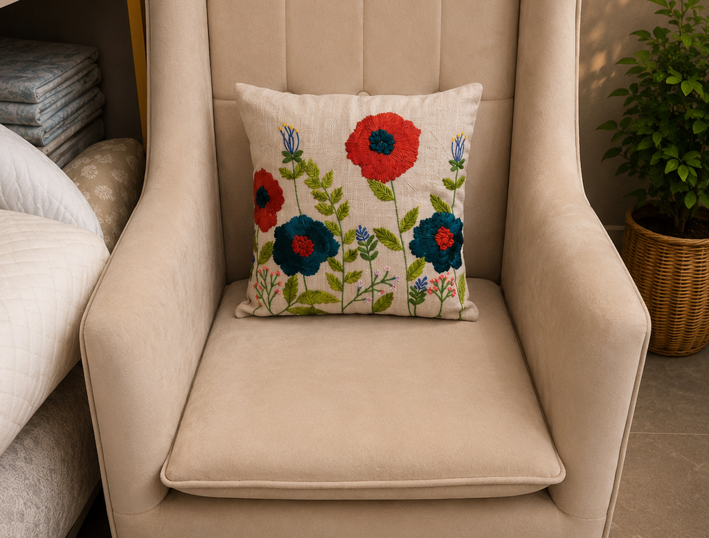 Colourful Floral Embroidered Cushion Cover