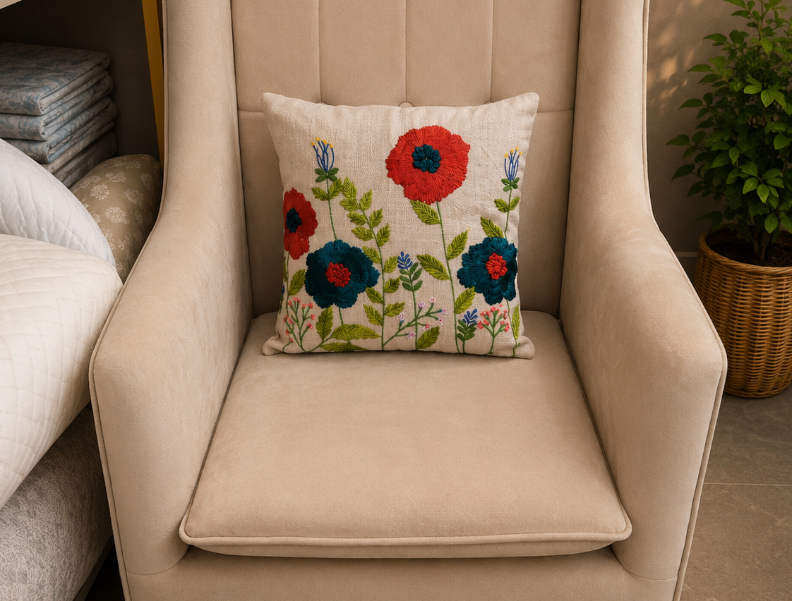 Colourful Floral Embroidered Cushion Cover