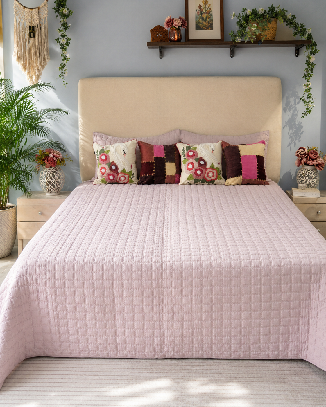 Blush pink quilted bed ensemble with floral and patchwork decorative cushion covers