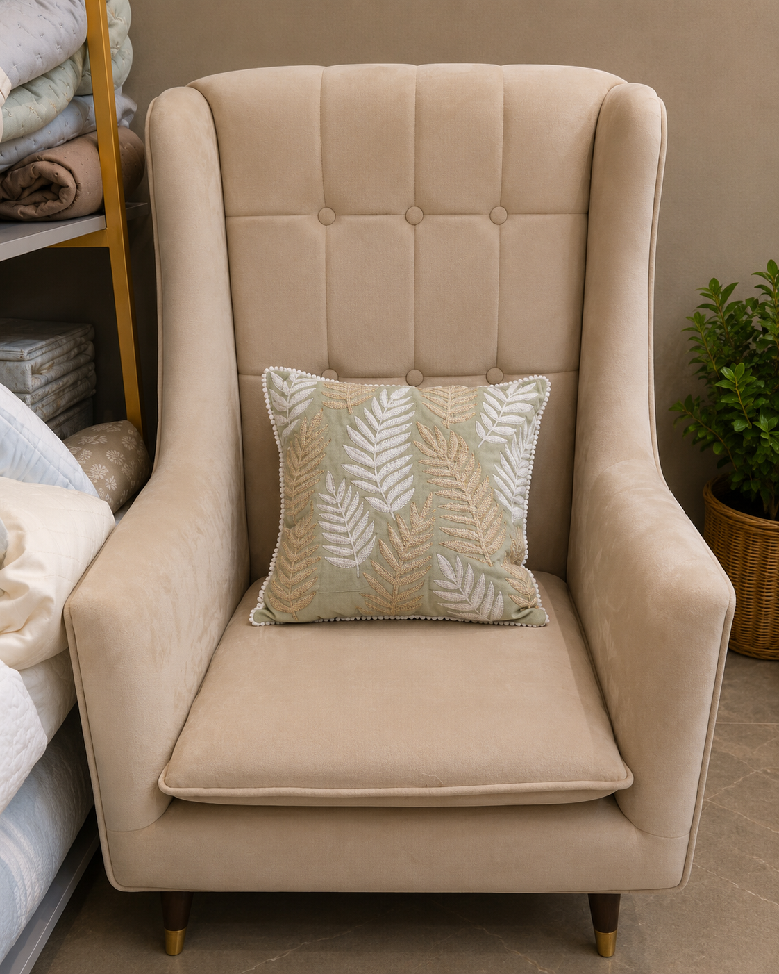 Sage green cushion cover with white and beige embroidered leaves on a cream chair