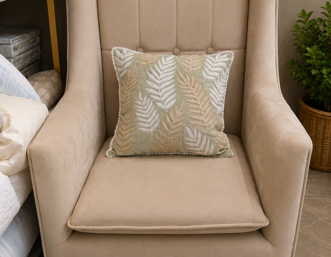 Sage Leaf Embroidered Cushion Cover