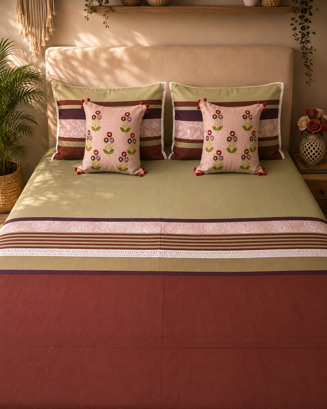 Sage green and rust bed ensemble with striped pillow covers and floral embroidered cushions
